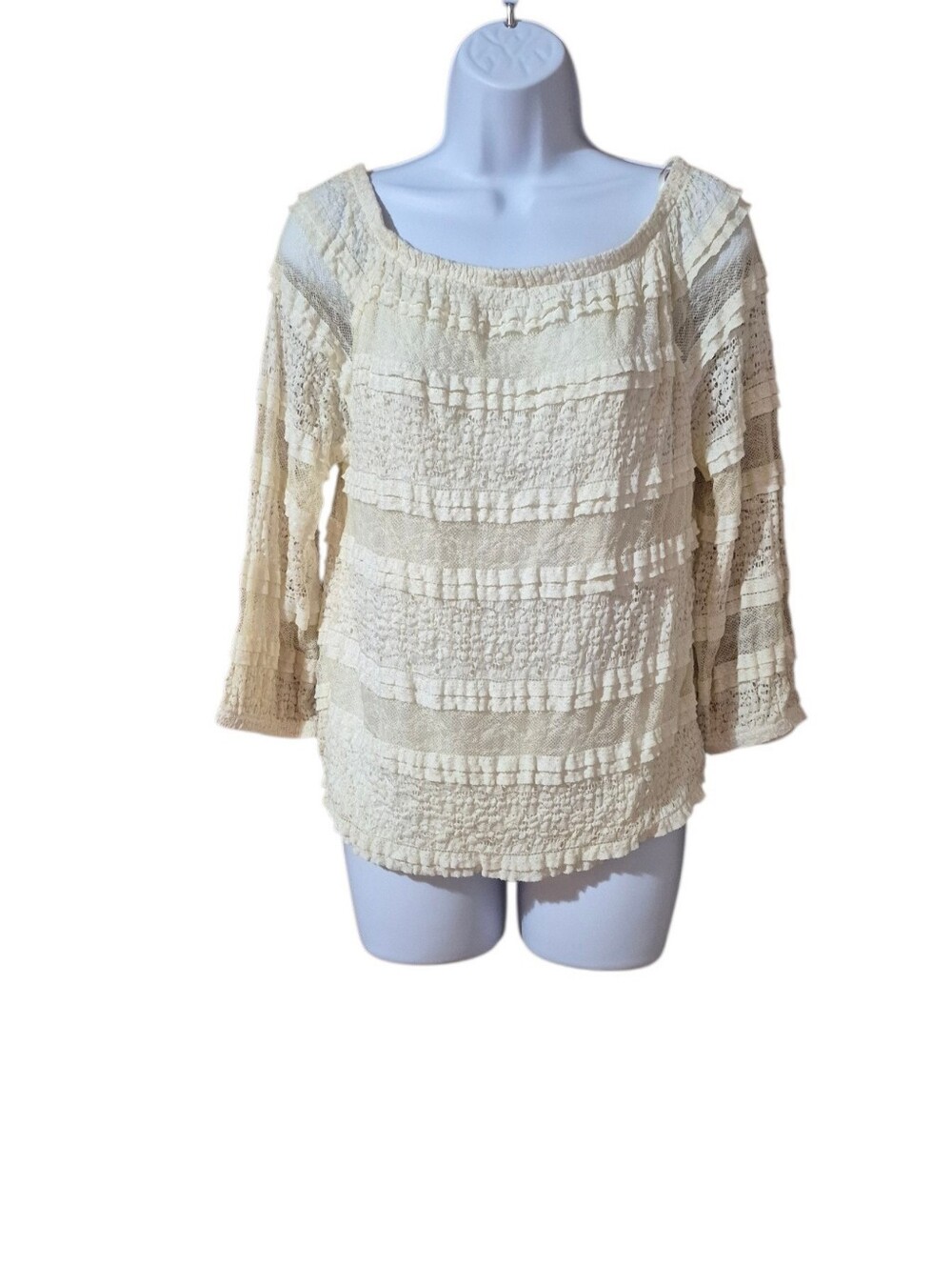 Candies Light Cream Lace Tiered Ruffle Crochet Peasant 3/4 Sleeve Scoop Neckline